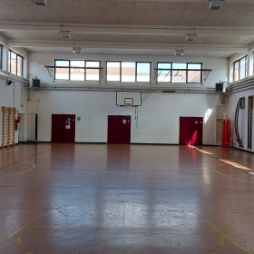 Nella spaziosa palestra dal pavimento in linoleum, sulle pareti sono appese diverse spalliere e scalette.